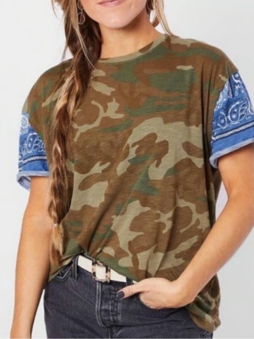 Free People We The Free Camo Tee Blue Bandana Sleeve T-Shirt Small